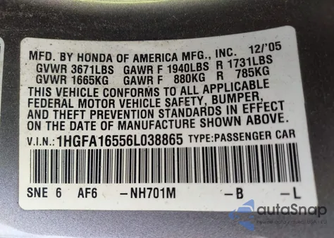 2006 Honda Civic Lx из США, поврежденный, VIN 1HGFA16556L038865